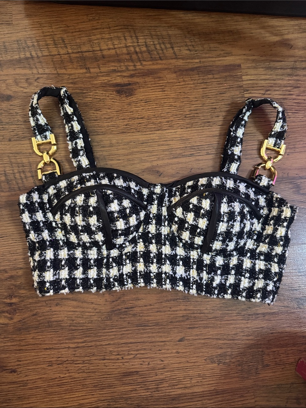 Fashion Nova Black & White Tweed Bustier Crop Top with Gold Hardware2.L2